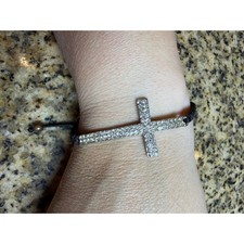 Sideways Cross Bracelet Black Cord Adjustable Pav Rhinestone Religious Jewelry