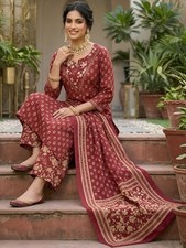 Indian Women Maroon Cotton Ethnic Motifs Printed Kurta With Palazzo Dupatta