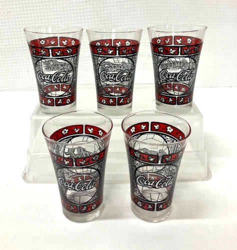 Lot of 5 1970's Vintage Tiffany Style Red Floral Coca Cola Glasses