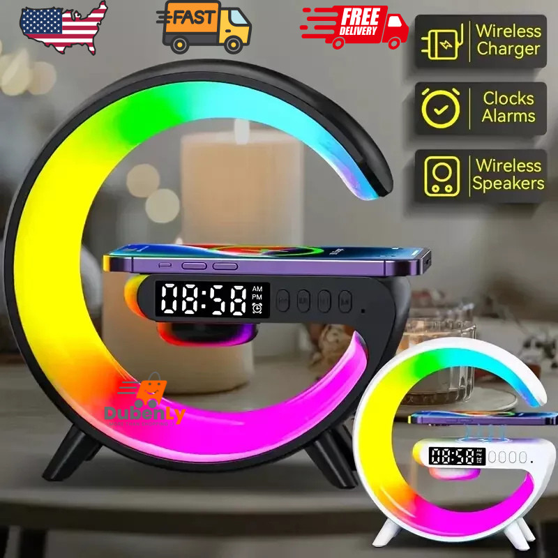 Smart Wireless Fast Charger, Speaker & Night Light – 3-in-1 Alarm Clock RGB