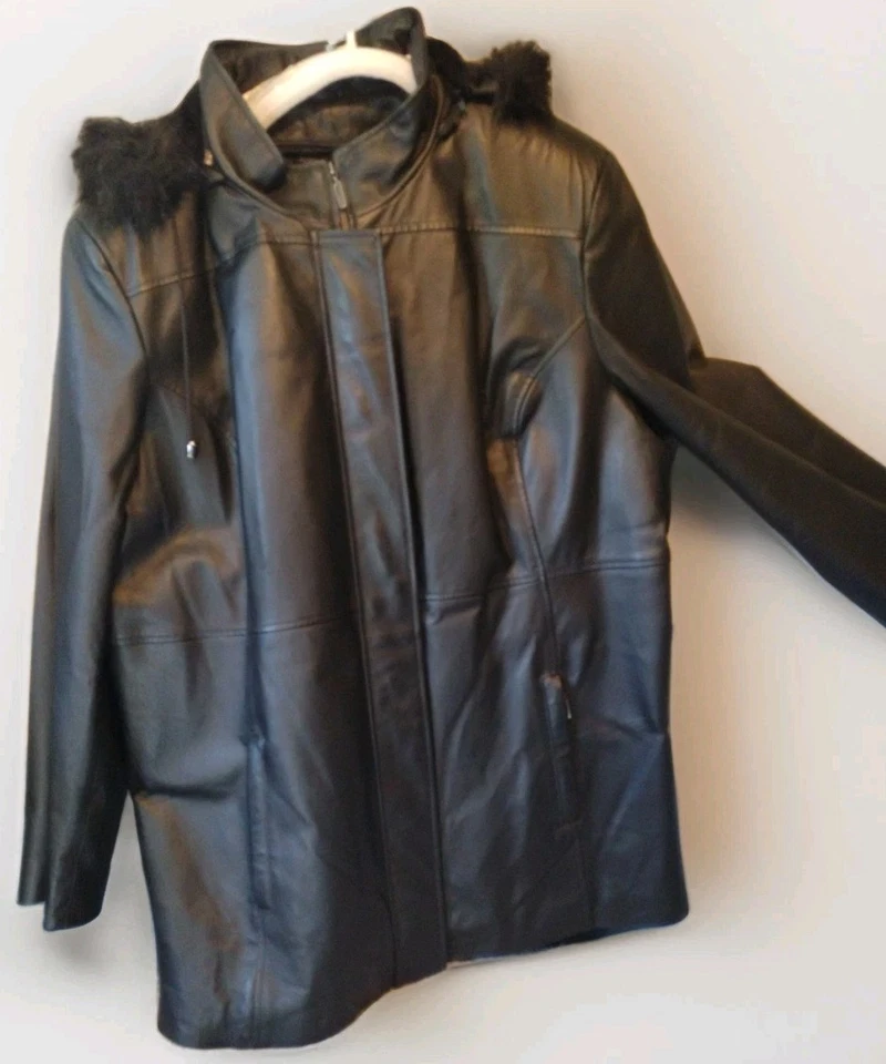 Y2K Croft & Barrow Black Leather Jacket Coat Hooded & Insulated Size 3XL EUC - Image 2 of 4