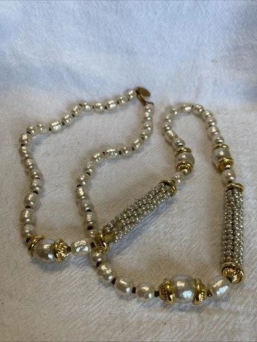 Vintage Miriam Haskell Faux Pearl Necklace W/Gold Touches Classic!  28”