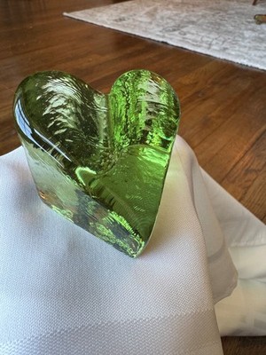 Fire & Light Celery Green Heart Glass Paperweight 2.5  Perfect Condition