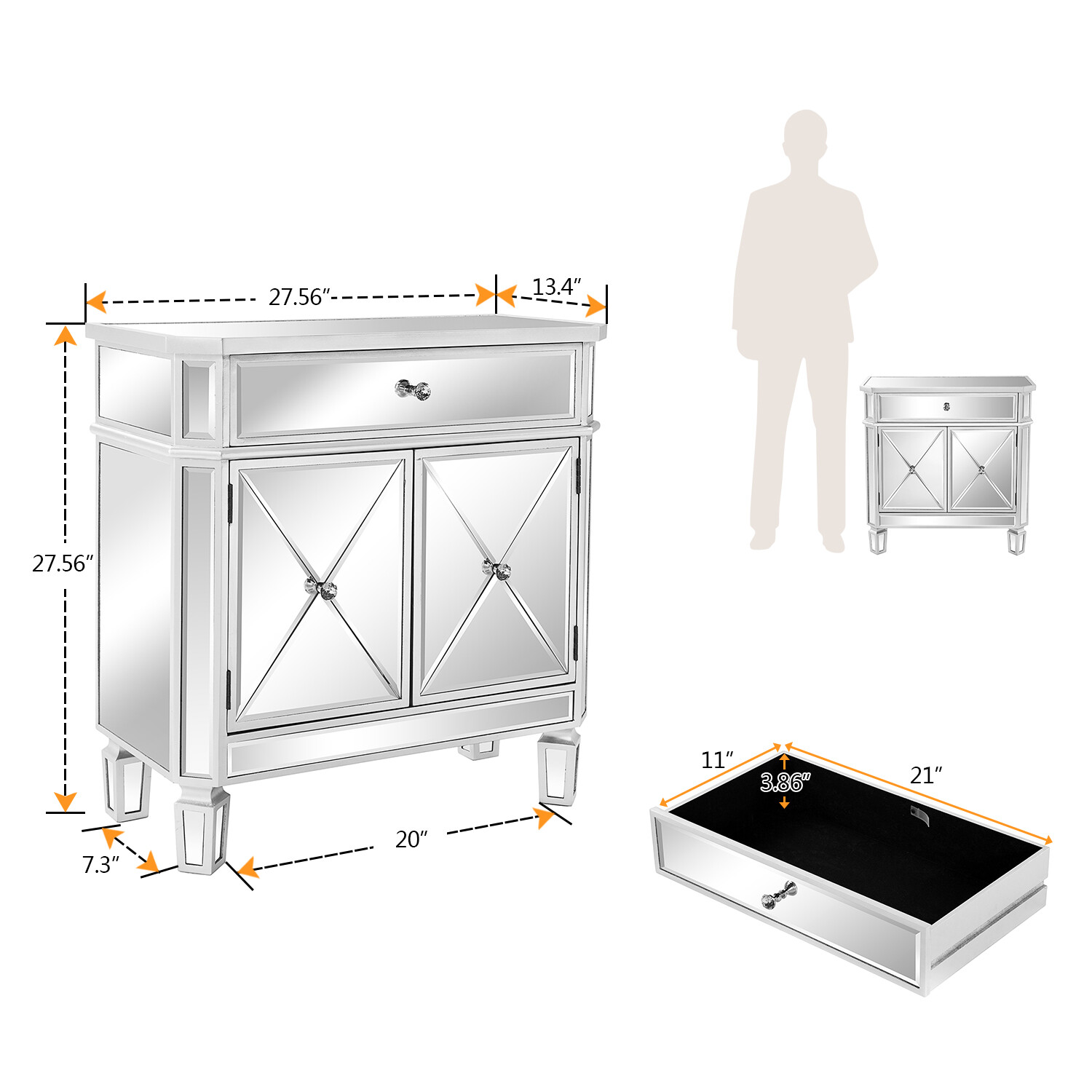 VINGLI Mirrored Mirrored Dresser Accent Chest Large Nightstand