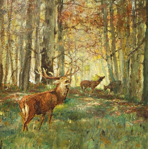 Seltmann Herbst Landschaft mit Hirsch und Rehen JAGD Münchener Schule Rotwild - Bild 1 von 5