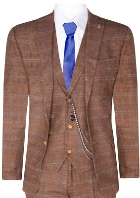 Uomo Pezzi Lana Abito Quercia Tweed Marrone Pesce Quadri Peaky