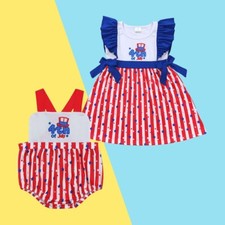 4th of July Patriotic Sibling Girls Sister Embroidery Dress and Romper