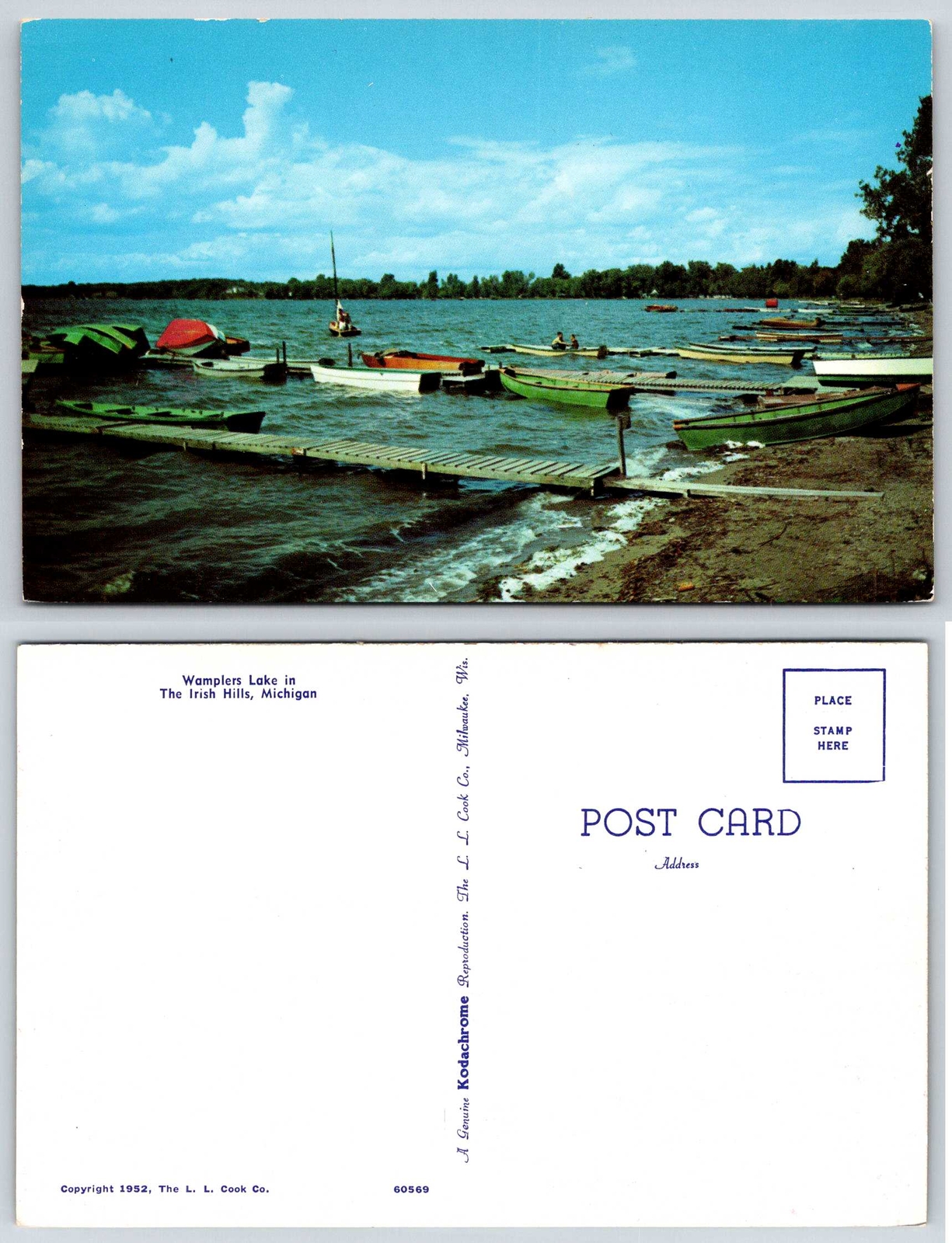 Irish Hills Michigan WAMPLERS LAKE DOCK ROWBOATS SAILBOAT Postcard g478