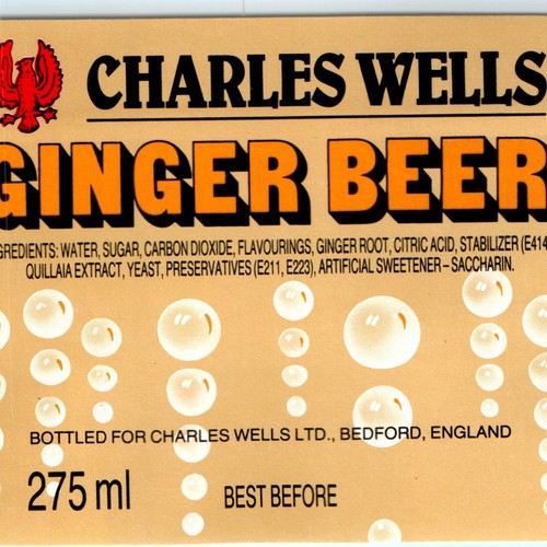 De colección Charles Wells Jengibre Cerveza Refresco 275 ml Botella de refresco Etiqueta de papel C33