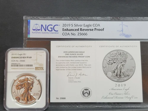 2019 S 1 oz American Silver Eagle Enhanced Reverse Proof $1 NGC PF69  coa #25666