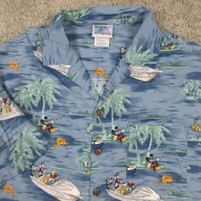 Vintage Disney Shirt Mens Large Blue Hawaiian Camp Rayon AOP Graphic Button Up
