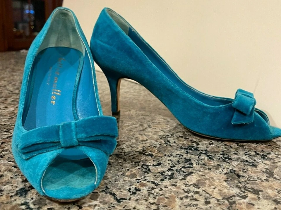RARO! BOMBAS CLÁSICAS DE COLECCIÓN TERCIOPELO TURQUESA Bettye Muller ITALIA Peep Toe & BOW-37 Foto 3 de 4