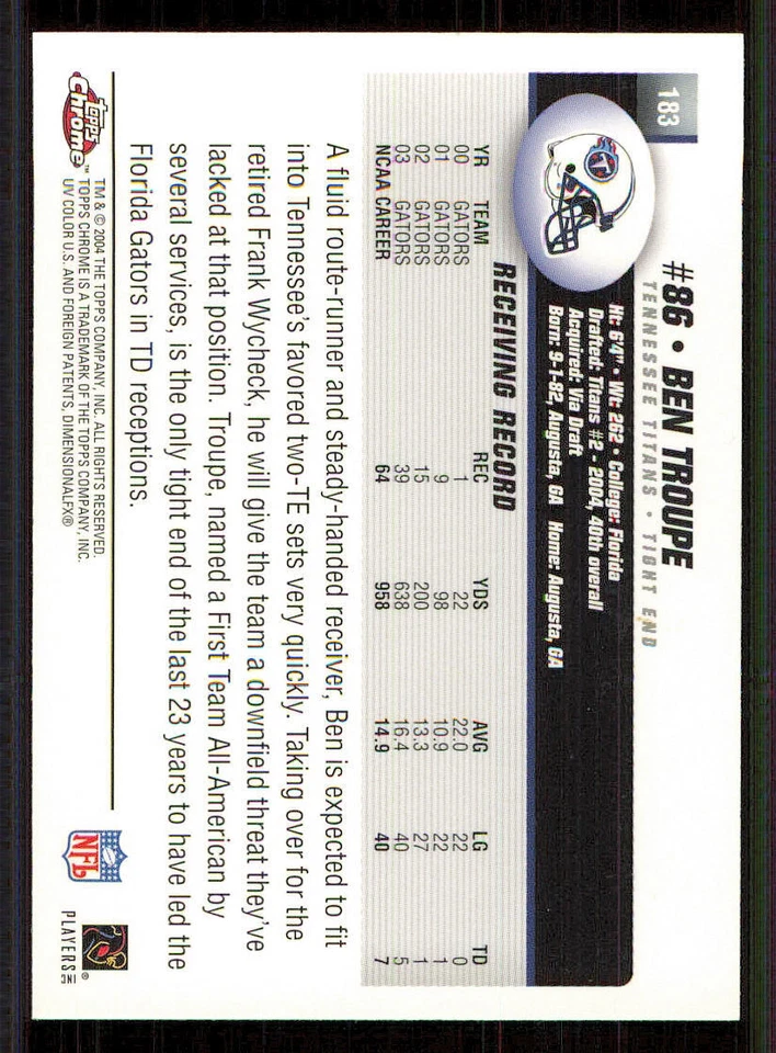 2004 Topps Chrome #183 Ben Troupe RC Rookie - Image 2 of 2