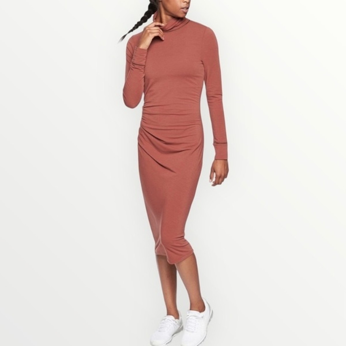 athleta mesh midi dress Athleta Industry Turtleneck Midi Dress Havana Brown Mesh Merino Wool Small
