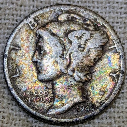 1944 D Mercury Dime Fine/VF : Rainbow Tone, Denver Mint - .9 Fine Silver Coin