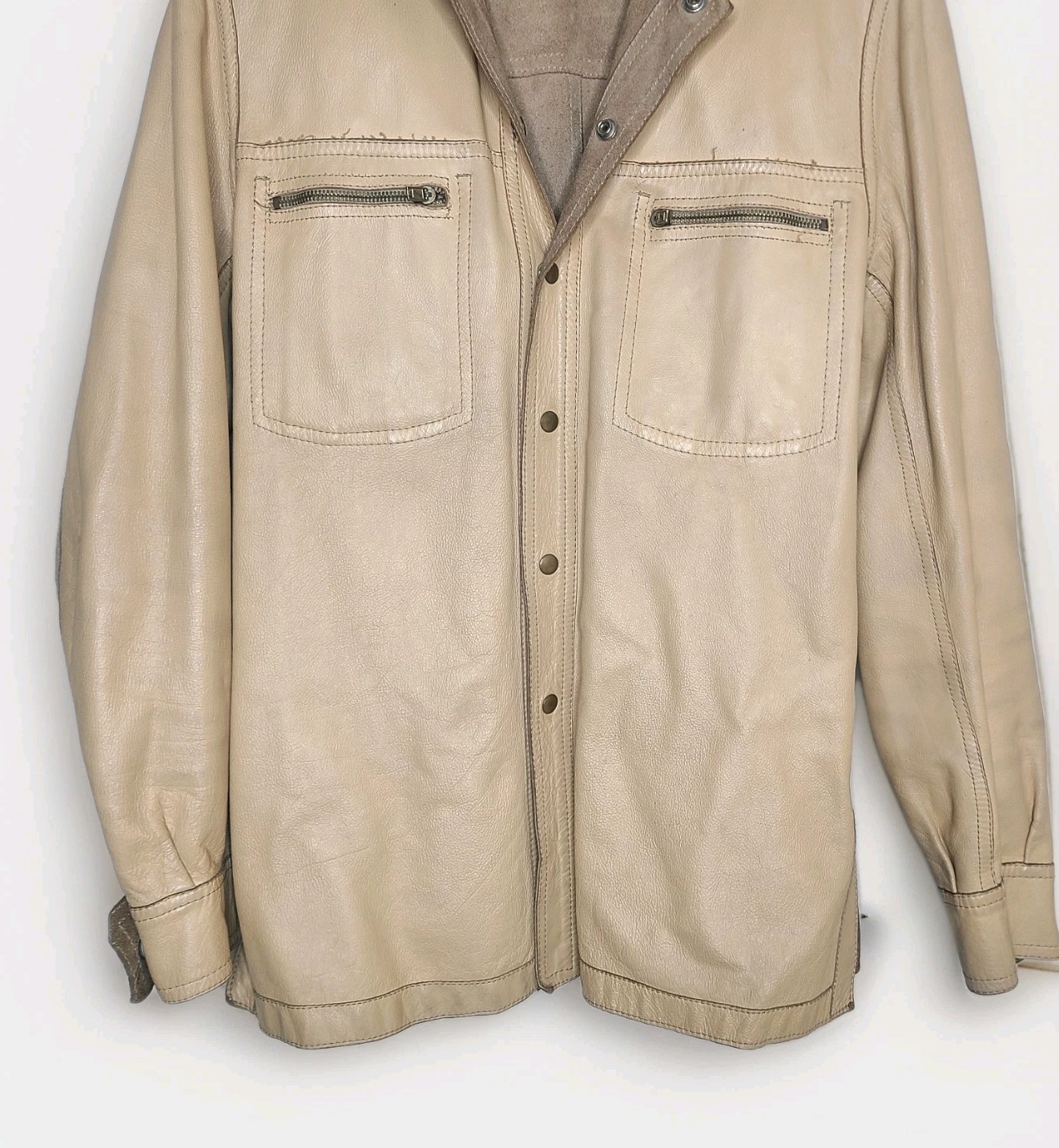 Vintage Split Suede Leather Light Tan Trucker Shirt Jacket Western Made In Italy image 3