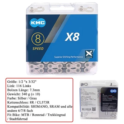 KMC X8 8fach Fahrradkette 8-fach 116 Glieder Fahrrad Kette 116L Für Shimano