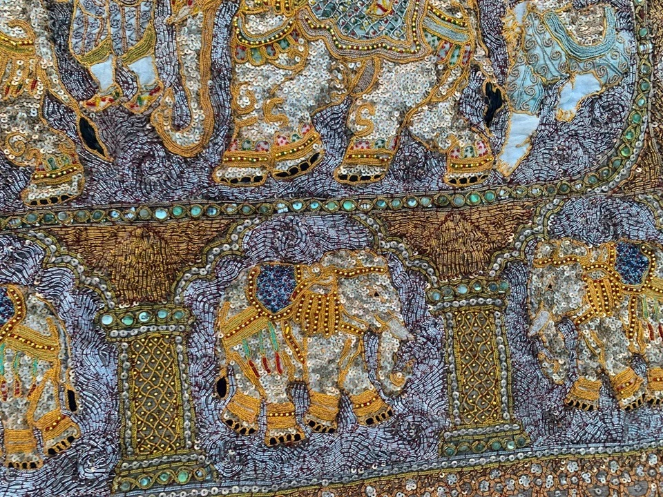 Tapiz antiguo birmano hecho a mano de 3x4 pies tapiz colgante de pared Kalaga Birmania Foto 4 de 4