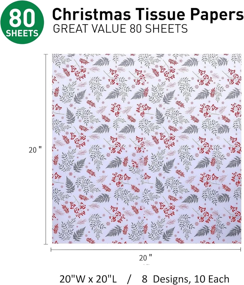 Christmas Tissue Paper, 80 Sheets, Holiday Patterns, Red Green White, 20X20 Inch - Image 2 of 4