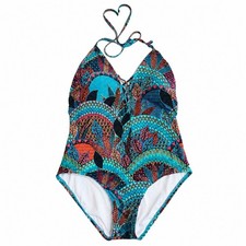 Coastal Zone by Jantzen Vintage One Piece Swimsuit Halter Lace Up Geometric Blue