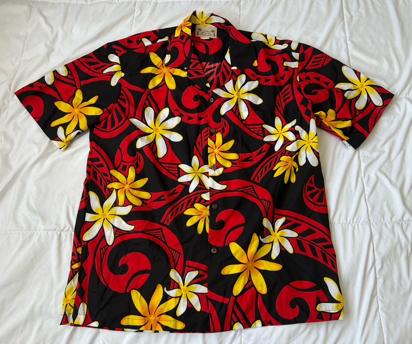 E & K Fashion Hawaiian Shirt Floral Pattern Men’s Large Red Yellow E&K