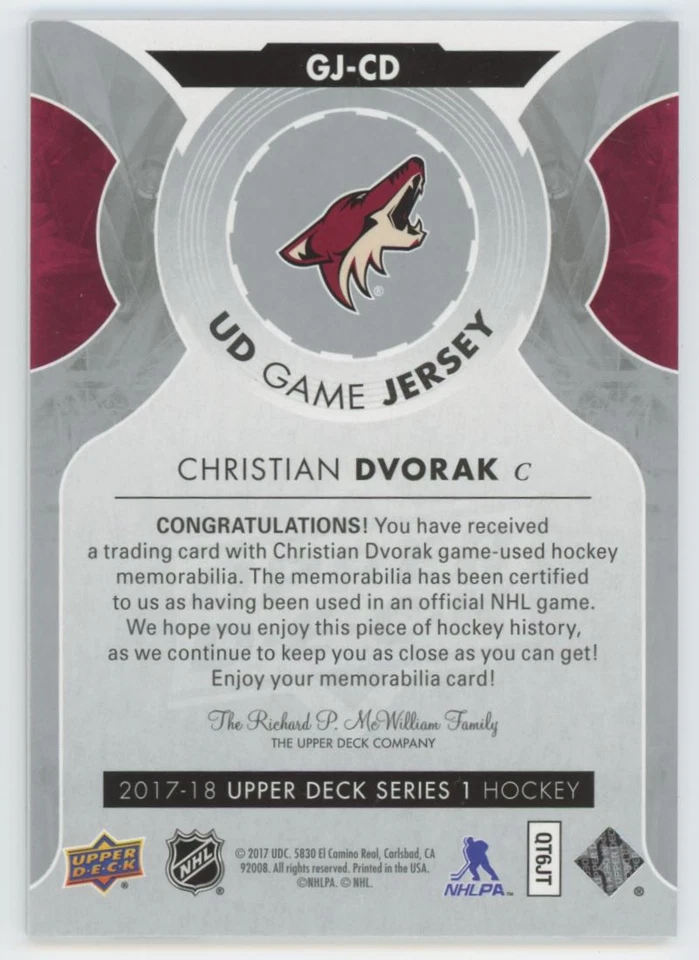 2017-18 Upper Deck UD Game Jerseys Christian Dvorak Arizona Coyotes #GJ-CD - Image 2 of 2