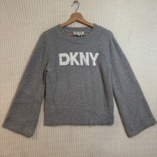 DKNY Women's Scoop Neck Silver Gray Metallic Logo Sweater Sz Small NWOT