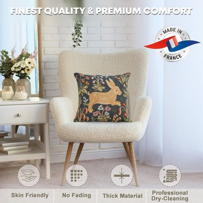 Running Rabbit in Blue 14x14 in Throw Pillow Cover | Medieval Tapestry Cushion