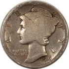 1916-D MERCURY DIME - KEY-DATE! GOOD DETAILS, OLD CLEANING! W/ VINTAGE INS CERT