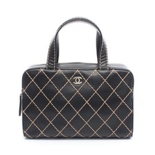CHANEL Wild Stitch Mini Boston Handbag Leather Black Silver Hardware #RC1962
