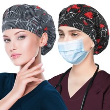 2 Pack Bouffant Caps with Button and Sweatband, Adjustable Scrub Caps for Wom...