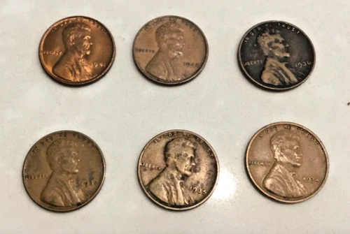6 Wheat Cents 1934,35,36,37,41,42 all Phila Mint Very Good + Condition