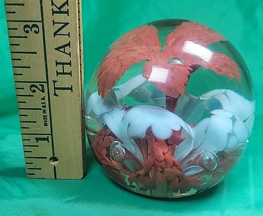 Vintage Blown Glass Controlled Bubble Green Flower Yellow 3” Paperweight MCM