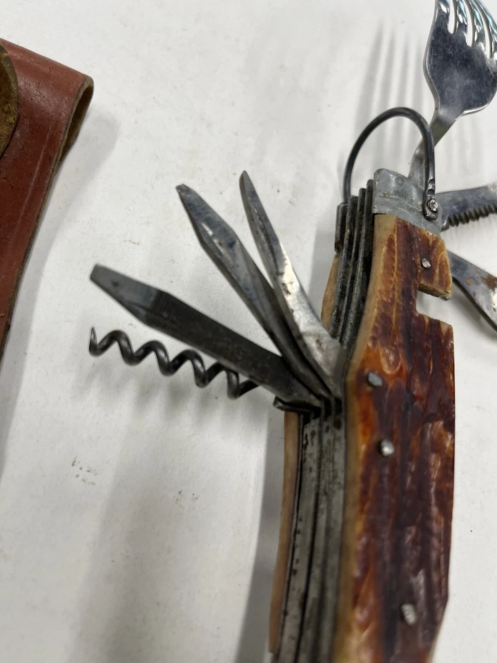 Cuchillo de supervivencia vintage BACO Japón mango de asta multiherramienta, estuche de cuero Foto 2 de 4