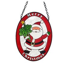 Santa Claus Stained Glass Window Hanging Christmas Decor Handcrafted Window