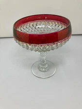 Glass Diamond Point Ruby Red Trim Pedestal Candy Trinket Dish Vintage  7.25"tall