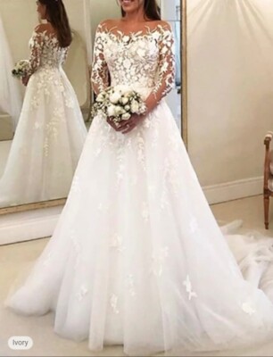 Vintage formelle Hochzeitskleider Ballkleid schulterfrei Langarm Kapelle Zug L