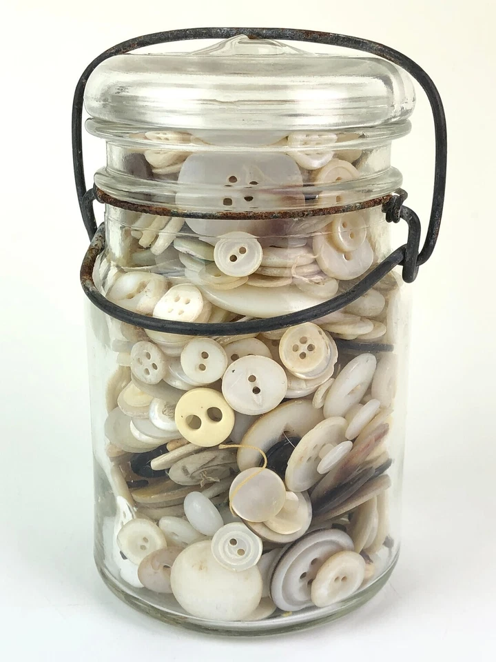 Vintage Hazel Atlas Canning Jar Full of Old Shell Bone Glass Buttons - Image 3 of 4