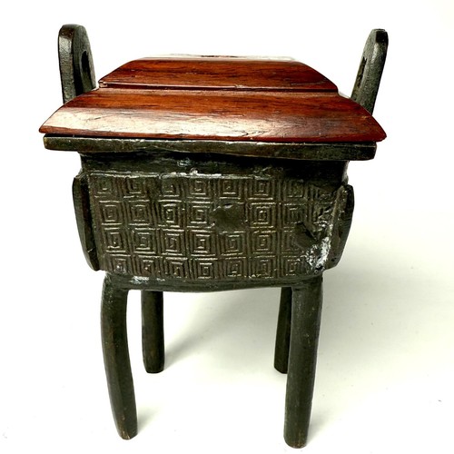 Antique Chinese Fanding Censor Square Shape Bronze & Rosewood Qing Dynasty - Picture 2 of 11