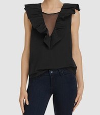  280 Amanda Uprichard Women's Black Sleeveless Ruffled Mesh-Inset Top Size Small