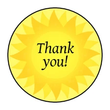 Thank you stickers, labels, tags, envelope seals, bright yellow sun