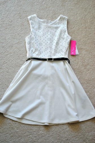 BCXgirl Girls' Ivory White Sleeveless Studded Ponte Dress w/ Belt - Size 8