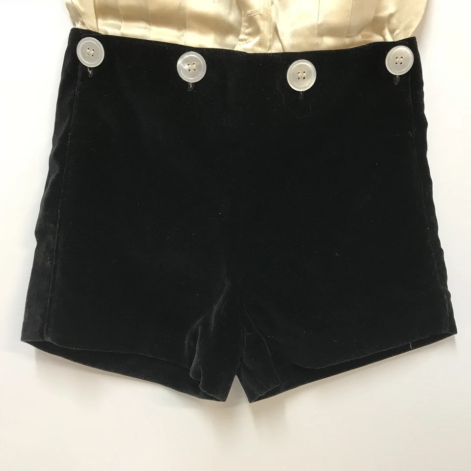 Traje Bobby Vintage Niños Beige Seda Camisa Negro Terciopelo Pantalones Cortos Cintura Botones Talla 4 Foto 4 de 4