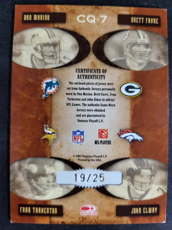 Tarjeta de parche Classics Favre Marino Tarkenton Elway 2007 usada en el juego #CQ-7 HOF Foto 2 de 3