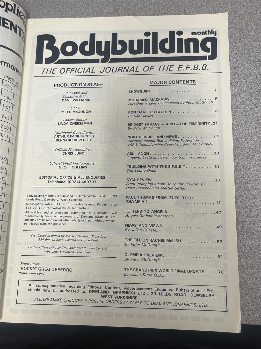 BODYBUILDING MONTHLY muscle magazine GREG ROCKY DEFERRO/Rachel McLish 983 (UK) eBay