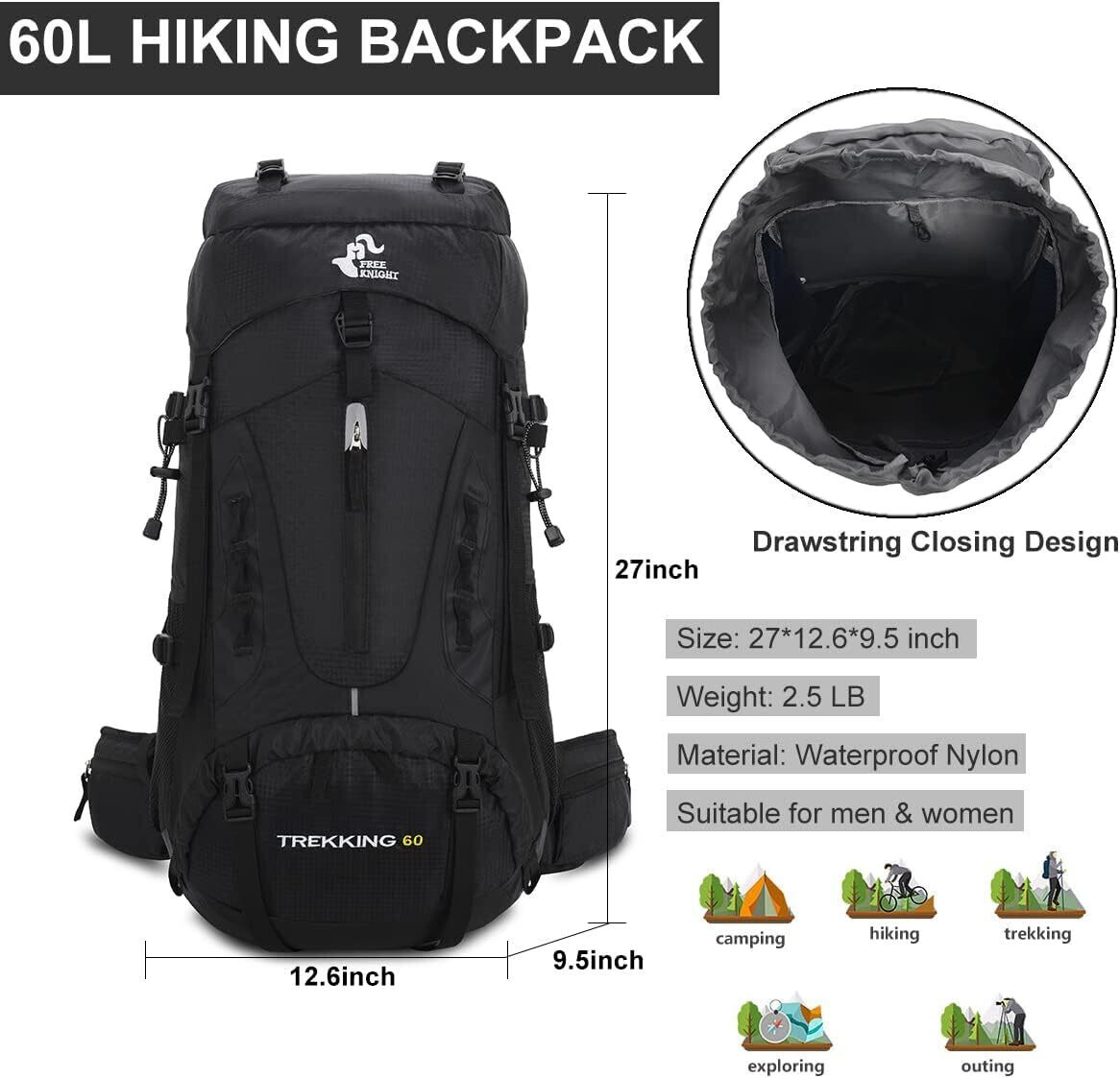 60L Hiking Camping Backpack Men Women Waterproof Mountaineering with Rain Cover | eBay 60L Hiking Camping Backpack Men Women Waterproof Mountaineering with Rain Cover | eBay