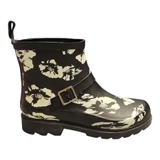 Capelli New York Glossy Rain Boots Womens US 7 Black White Floral Ankle Pull On