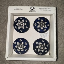 CASA DECOR CERAMIC Blue Drawer Knobs Pulls Set of 4 HANDMADE in India Doors NIB