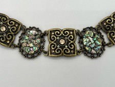 Vintage Ornate Rhinestone  Abalone Tile Burnished Brass Metal Hinged Link Belt