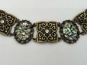 Vintage Womens Belt Ornate Silver Abalone Shell Mosaic Elastic Cinch Waist Large Abalone Belt | eBay main image 4